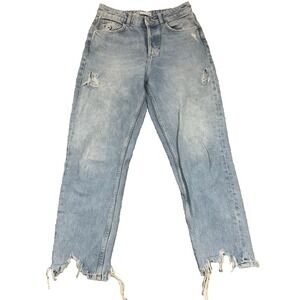 Zara Basic med wash Denim Distressed Jeans Raw Hem Size 4 cropped